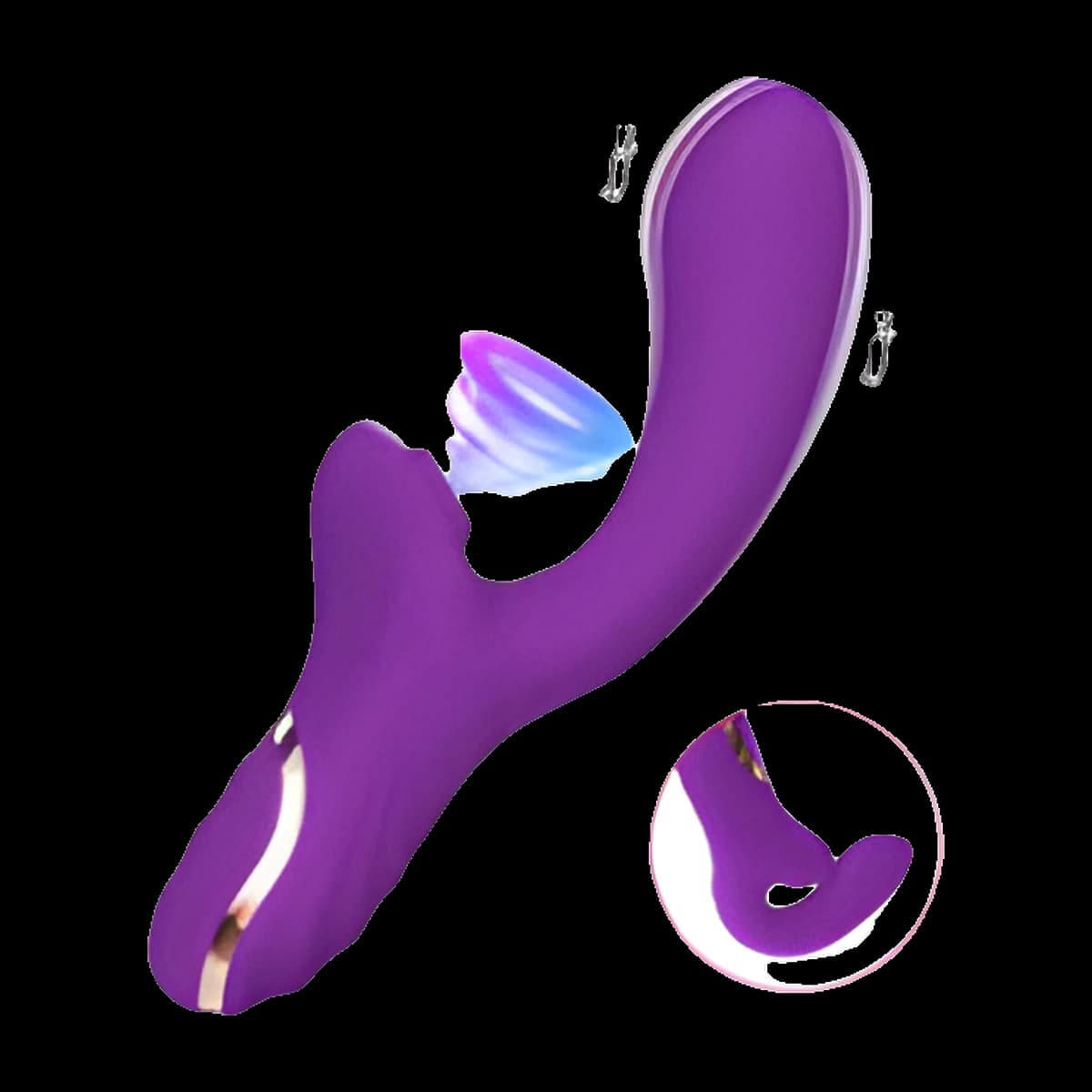 A purple toy with a curved shaft, a short arm ending in a round suction opening, a close up of that opening and a gold detail on the handle.
