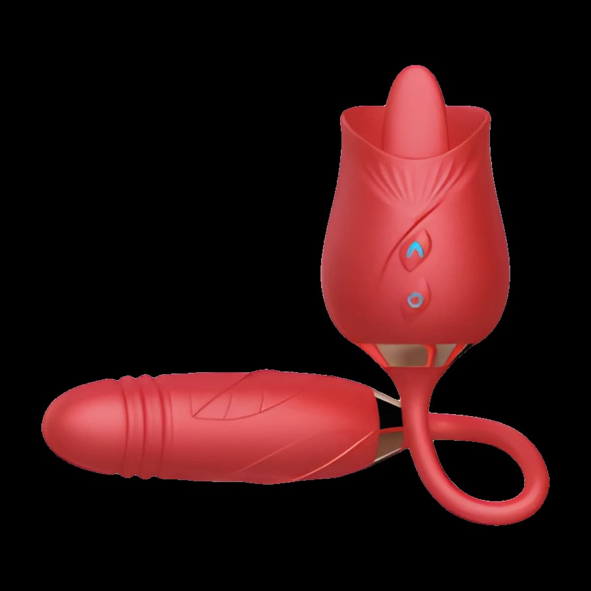 A red rose shaped toy with a soft tongue at its centre and two buttons on its side, joined by a looping cord to a ribbed shaft with a gold band.