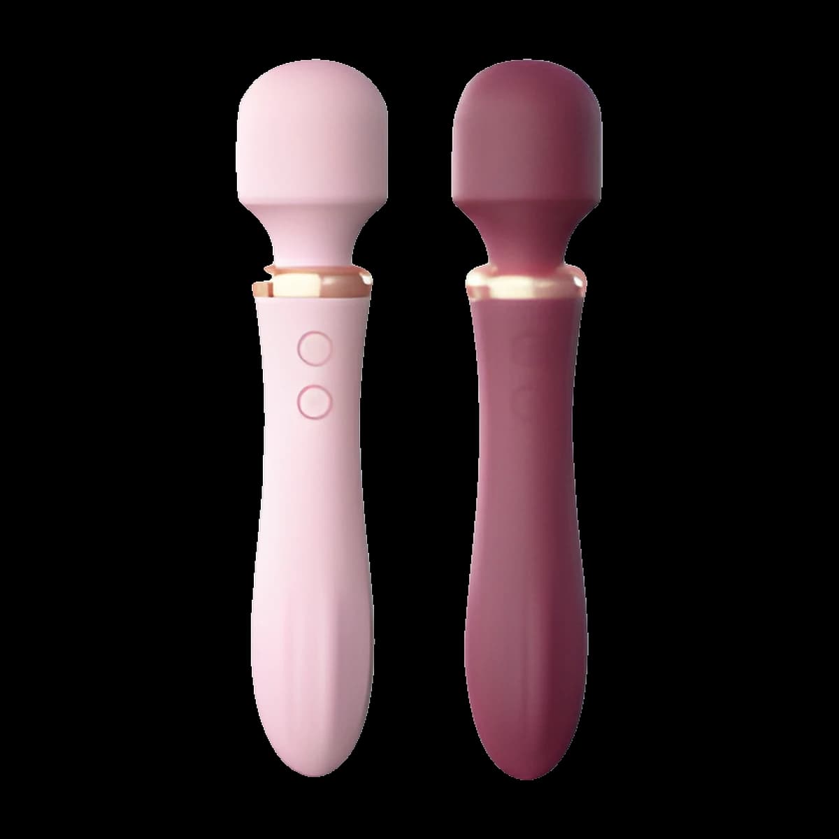 Two wands, one blush pink and one deep burgundy, each with a round textured head, a gold collar, two front buttons and a ribbed lower end.
