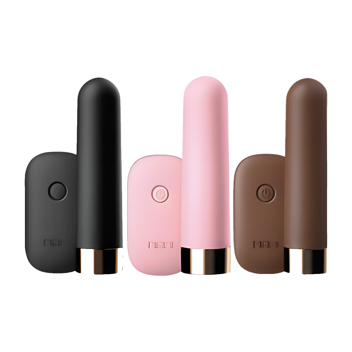 Three smooth rounded bullets with gold base rings in black, pink and chocolate brown, each standing behind a matching rounded remote with a single button.