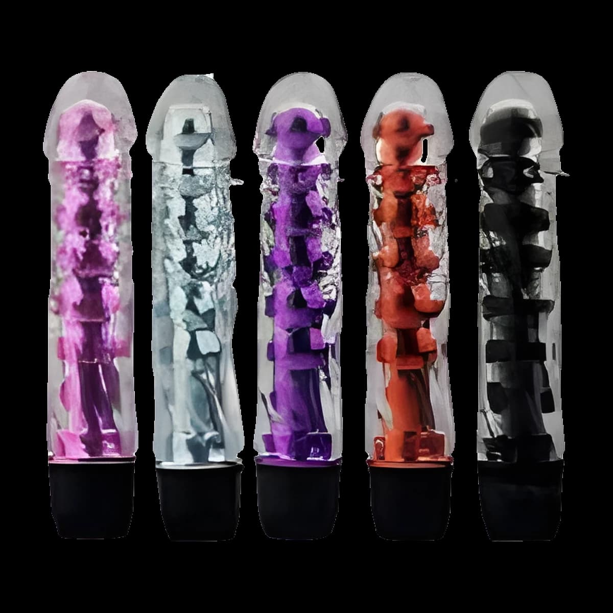Five translucent phallic shafts with spiralling metallic beads inside, in pink, silver, purple, red and black, each on a black base.