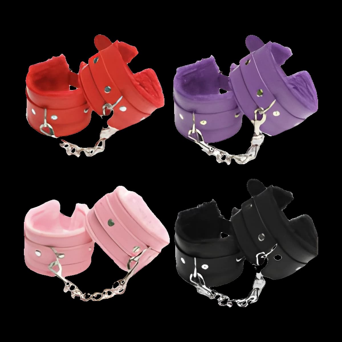 Four pairs of chain linked cuffs with metal buckles and fluffy lining, shown in red, purple, pale pink and black.