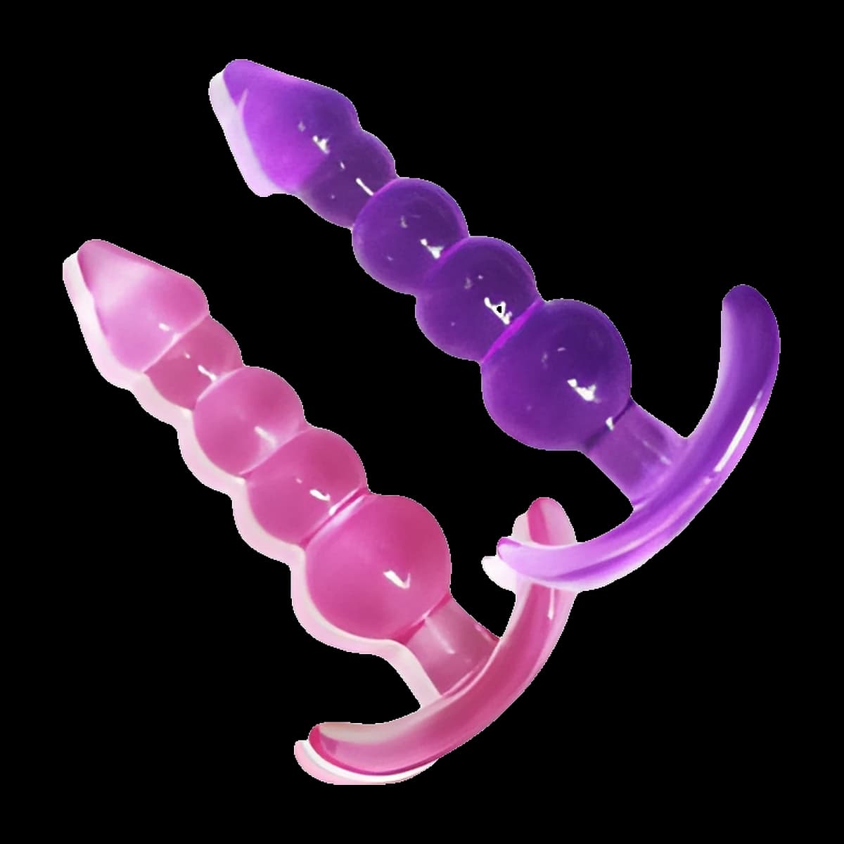 Two translucent beaded plugs, one pink and one purple, each with a rounded tip, stacked beads and a curved flat base that sweeps to the side.