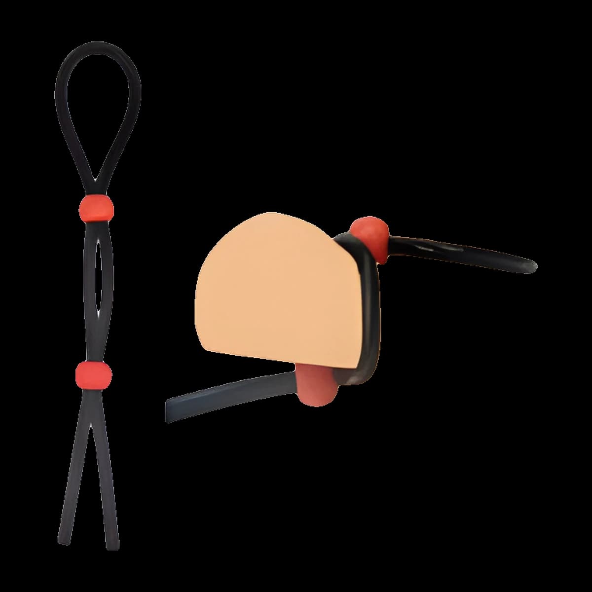 Illustration of a thin black cord loop with two red sliding beads, alongside a simple drawing showing the loop tightened around the base of a penis.