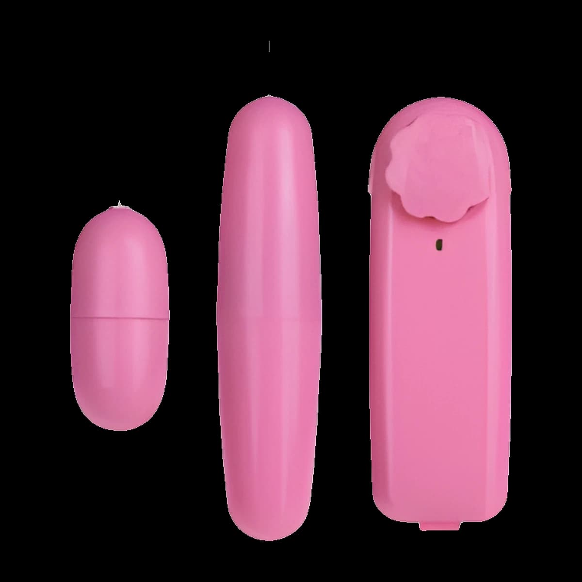 A small pink oval egg, a longer slim pink bullet and a pink controller with a ridged dial on top, each with a white cord rising from it.