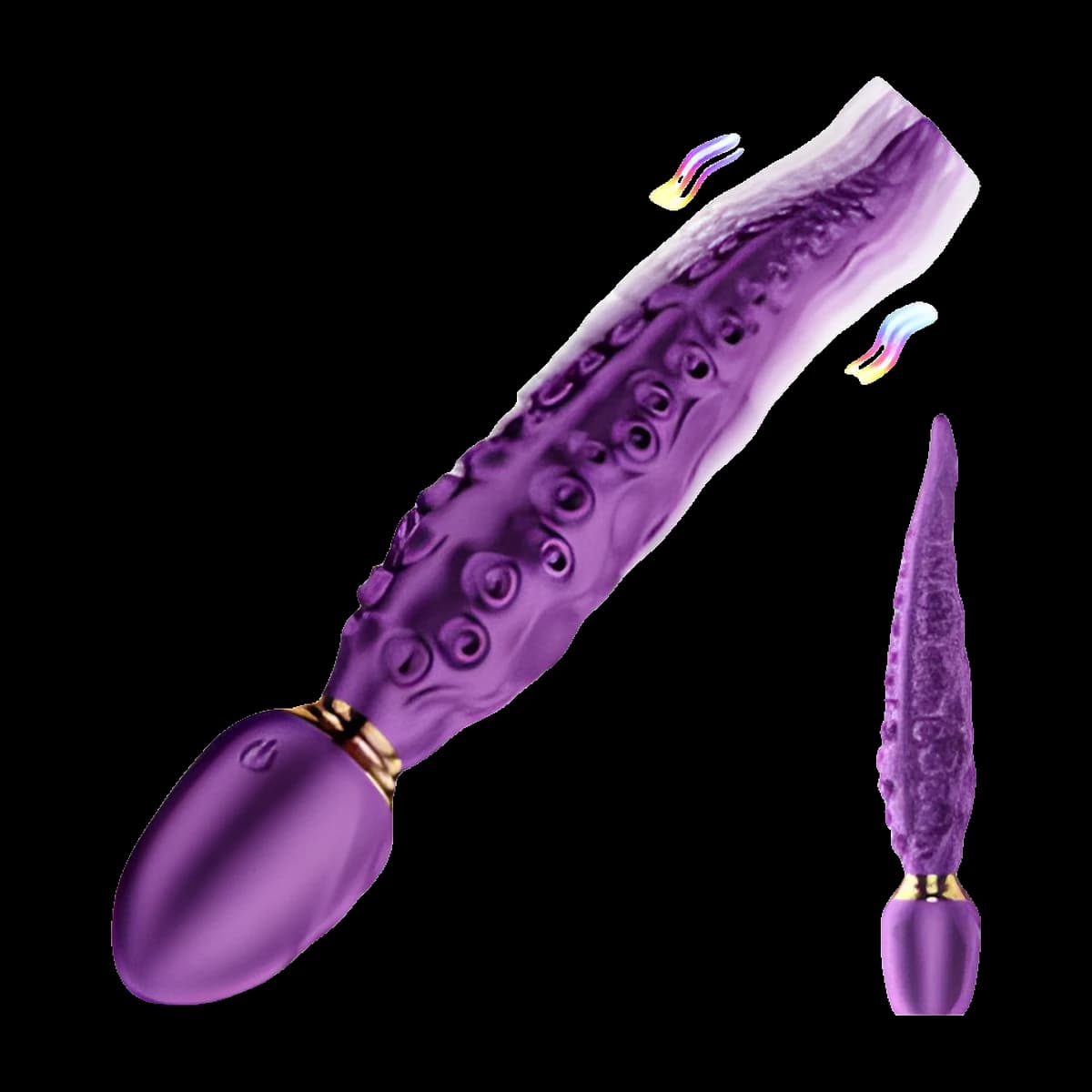 A shimmering purple toy with a long tapering shaft covered in round raised nubs, a bulbous handle and a gold band, with a smaller side view.