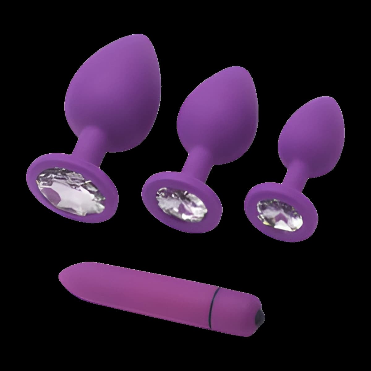Three purple teardrop shaped plugs in graduated sizes with clear jewel bases, and a slim purple bullet with a silver end cap lying beneath them.