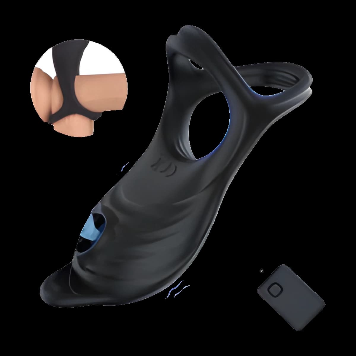 Black ring with two loops and a long tapered body ending in a small opening, shown with a compact black remote and a small inset of it being worn.