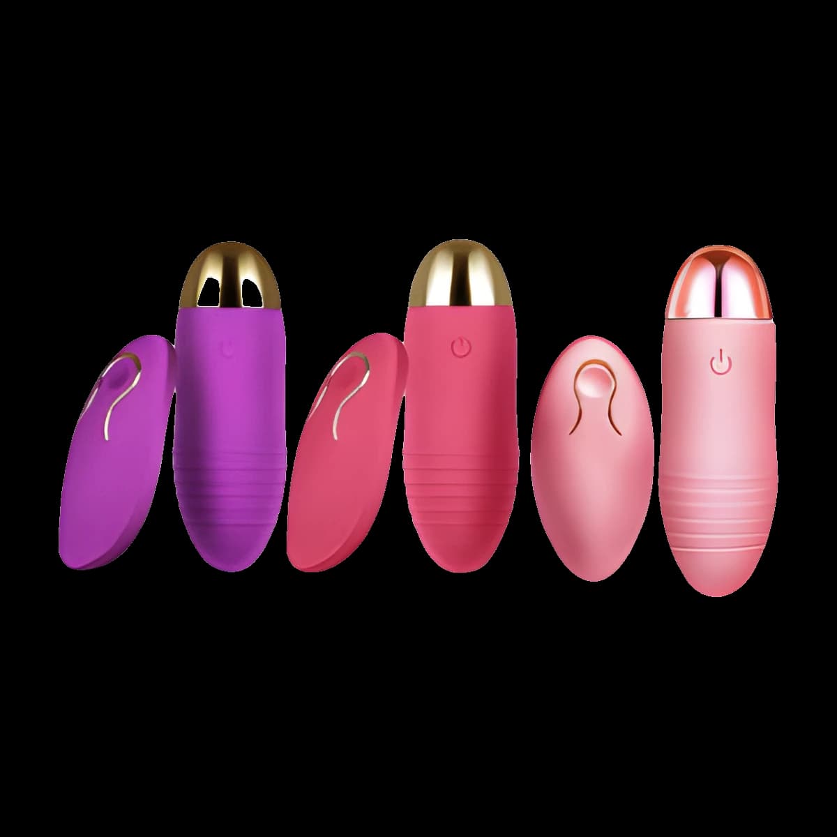 Three ribbed egg vibrators with shiny metal caps in purple, deep pink and pale pink, shown with two oval remotes marked with a curved line.