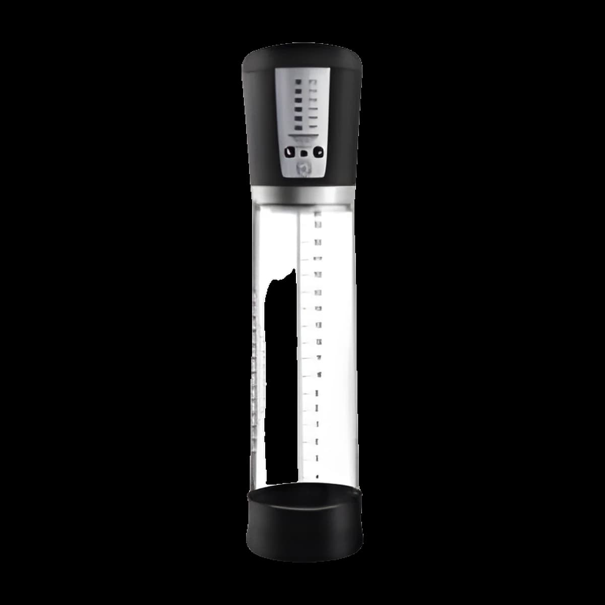 Long transparent cylinder with measurement markings, capped at the top by a black head with a small panel and buttons, and finished with a black ring at the base.