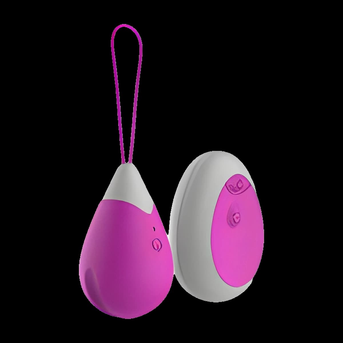 Magenta teardrop egg with a white tip and a long looped cord, next to a white and magenta oval remote with one button.