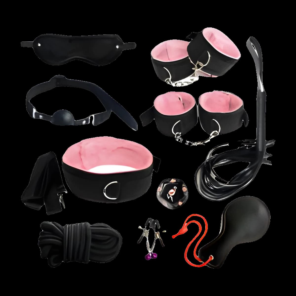 Black restraints with pale pink lining laid out in a grid: eye mask, ball gag, wrist and ankle cuffs, collar, strap, coiled rope, dice, clamps, whip and paddle.