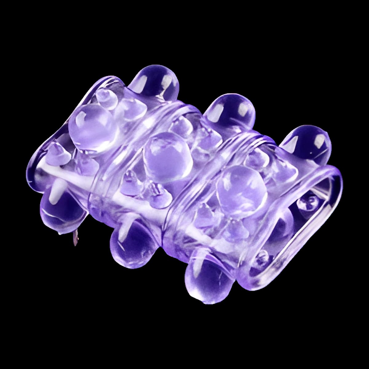 Translucent lavender sleeve covered in rounded bubbles and ridges, photographed on a black background with its reflection showing below.