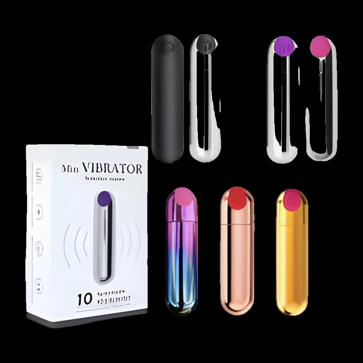 Eight small rounded bullets with coloured end buttons in black, silver, pale pink, gradient, rose gold and gold finishes, beside a white retail box.