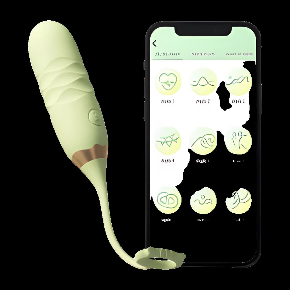 Pale green ridged egg with a gold band and a long thin tail ending in a loop, beside a phone showing a grid of pattern icons.