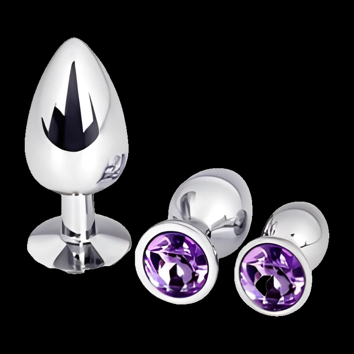 Three shiny silver teardrop shaped plugs in graduated sizes, the largest standing upright and two smaller ones lying down to show round purple crystal bases.