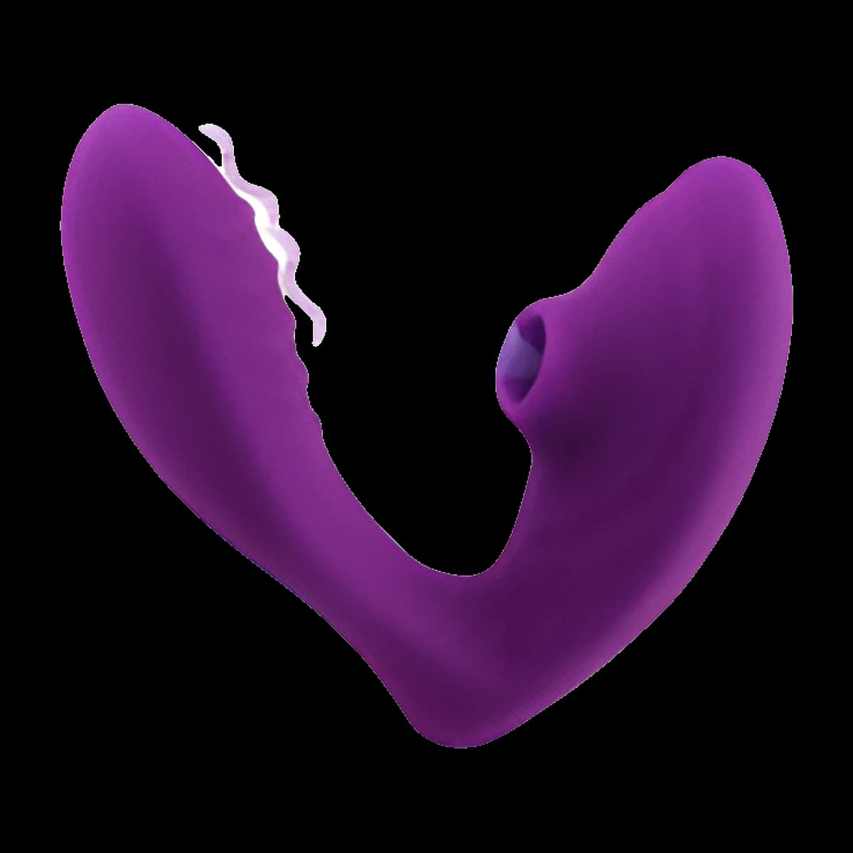 A purple U shaped toy with a finely textured surface, a round suction opening on one arm and a smooth rounded tip on the other, with a small inset diagram.