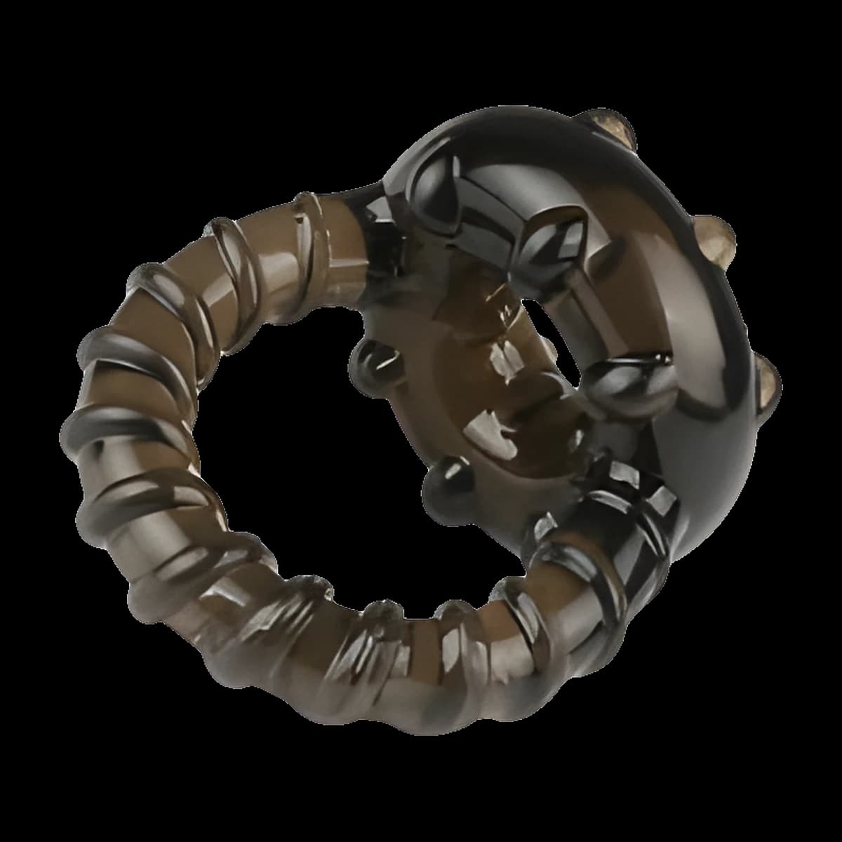 Two smoky black translucent rings resting together, one with a spiral ribbed band and the other with a row of round beads around its rim.