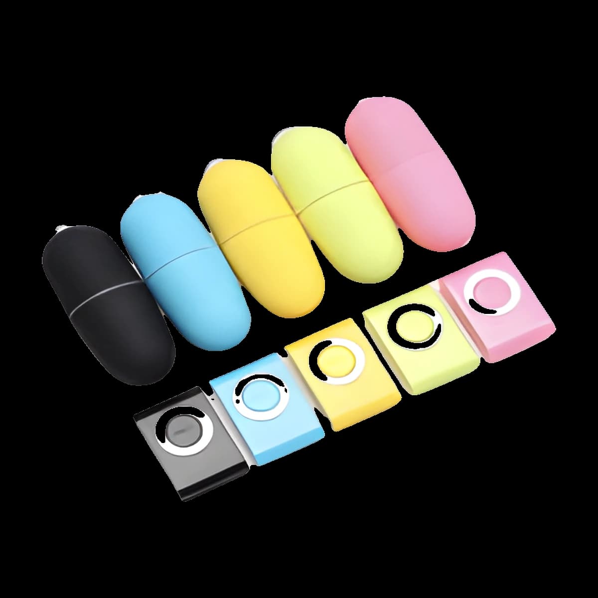 Five glossy oval eggs in black, blue, yellow, green and pink lined up above five matching square controllers, each with a round button ring.